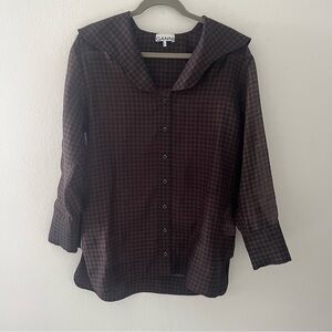 Ganni Sheer Organza Blouse in Black Brown Gingham Size 34